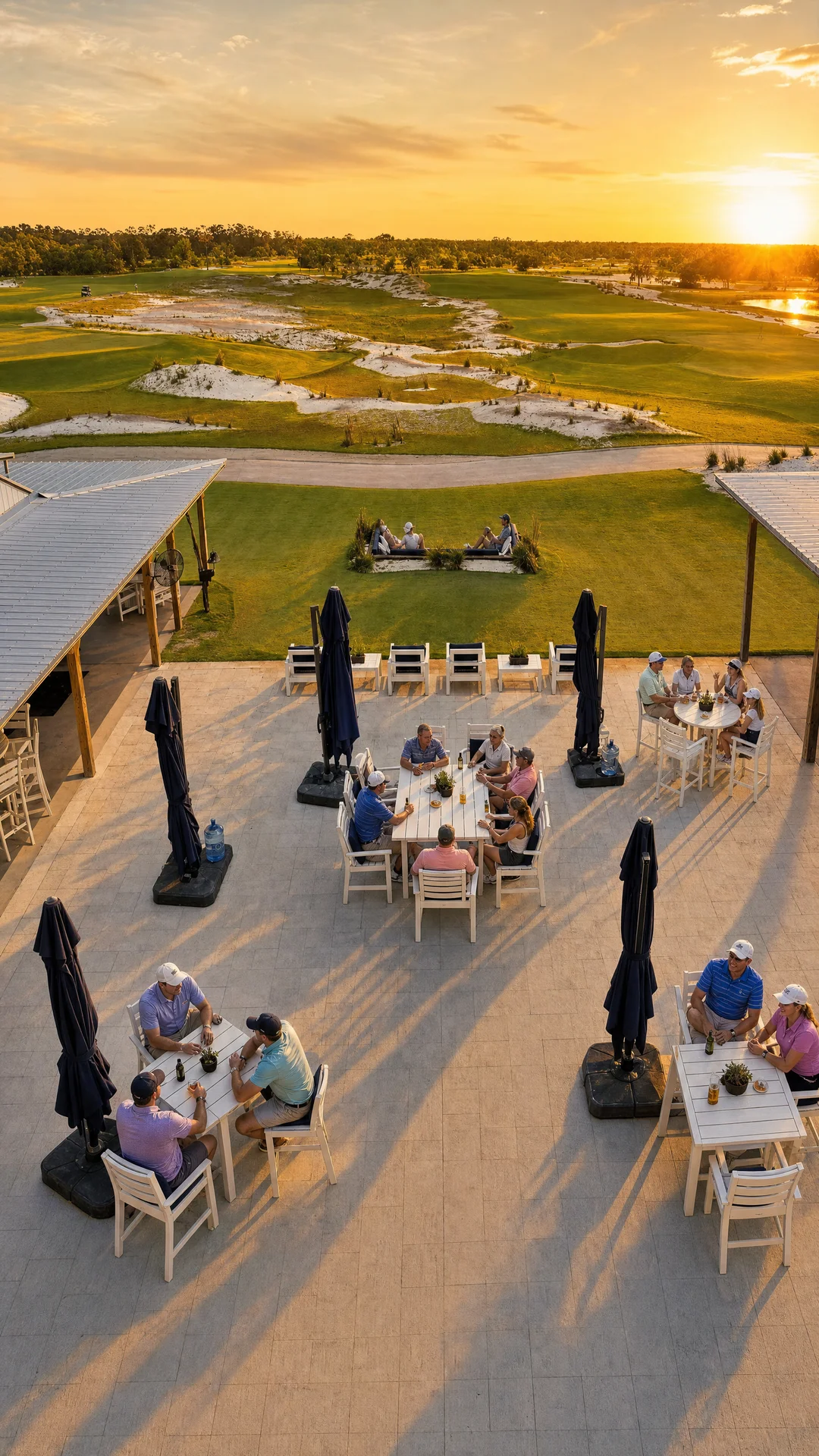 A sunset gathering on the terrace overlooking Soleta's golf course