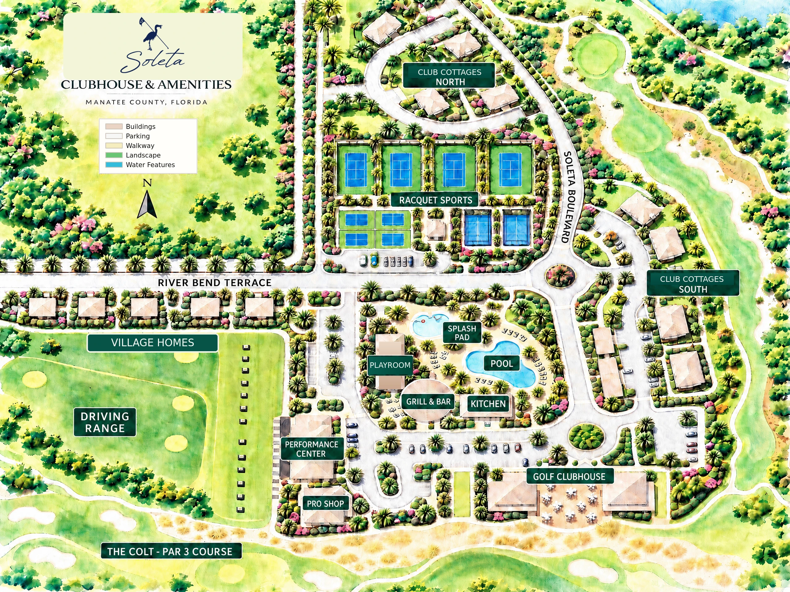 Soleta’s amenity village map showing the golf clubhouse, pool, splash pad, dining, racquet sports, performance center, pro shop and club cottages.