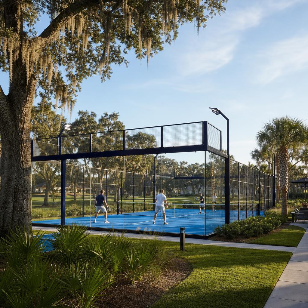 Outdoor padel court rendering at Soleta