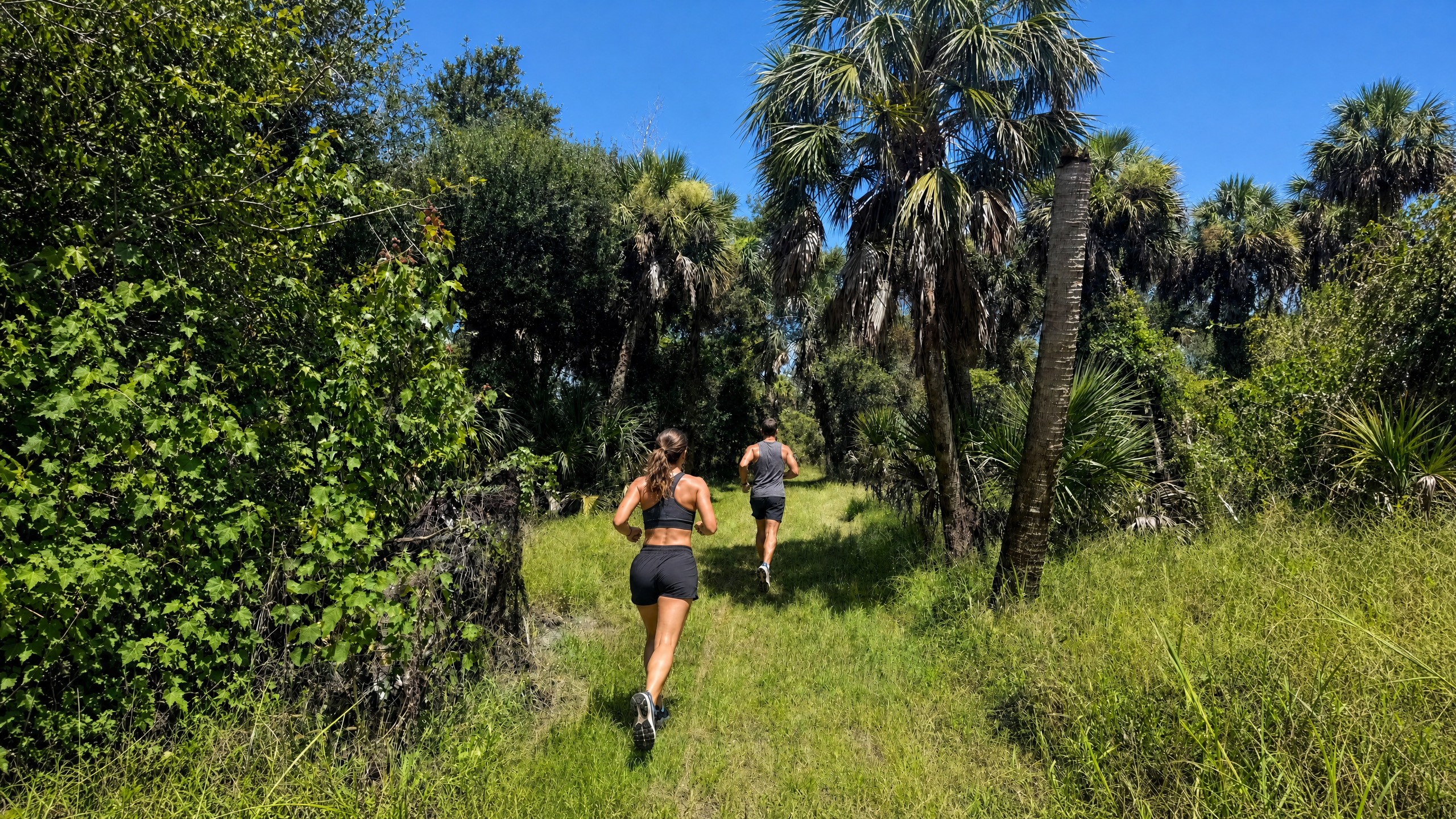 Runners following a wooded trail through Soleta