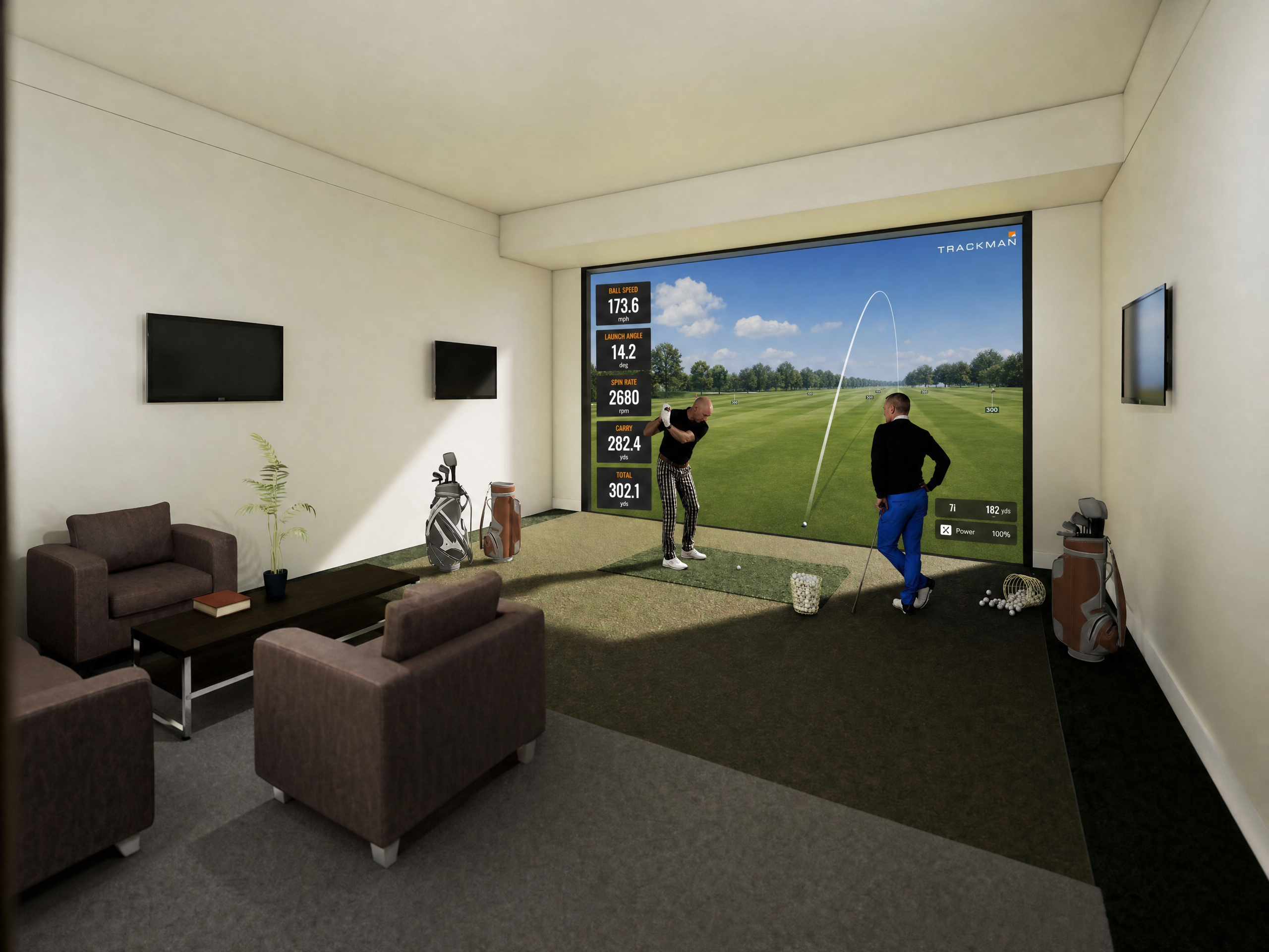 Indoor golf simulator room at The Staging Ground