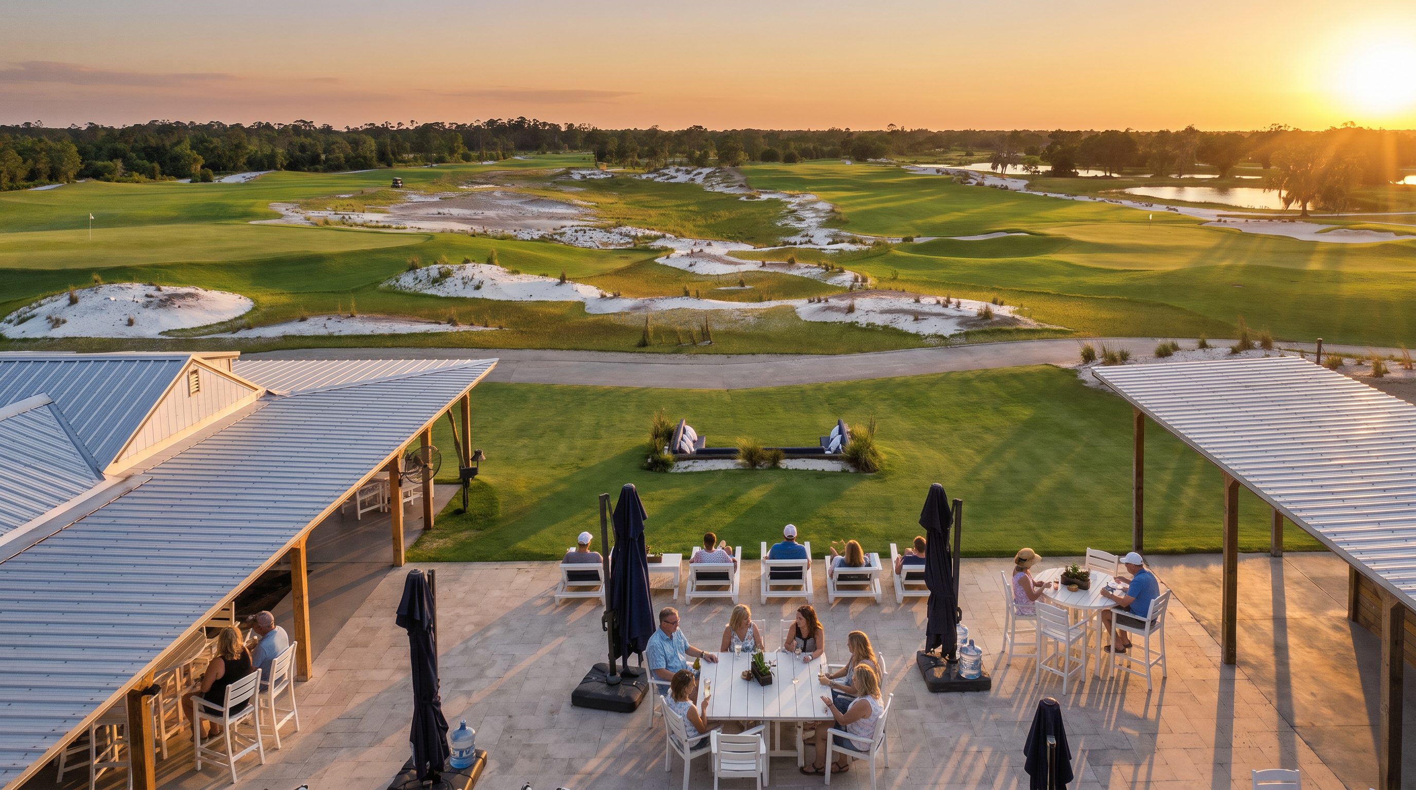 The Square at Soleta overlooking the golf course at sunset
