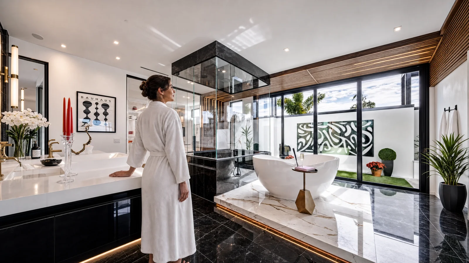 A bright bathroom with a freestanding tub and garden outlook