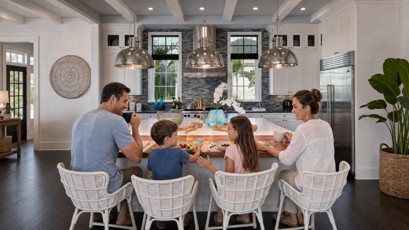 Family gathered around the dining table in an open-plan home