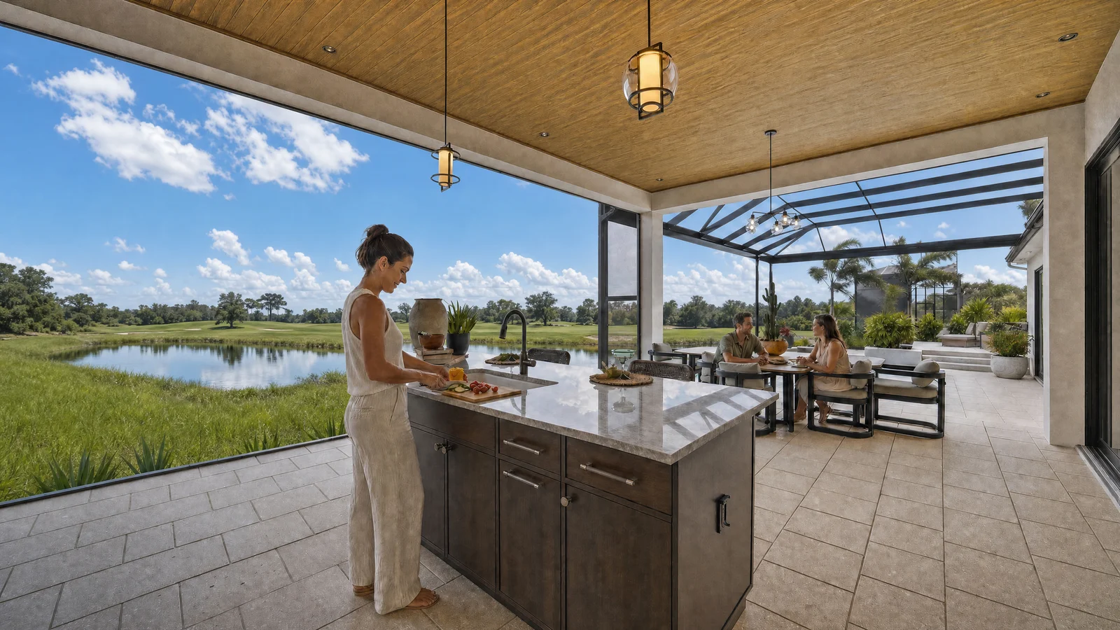 A covered outdoor kitchen overlooking the water