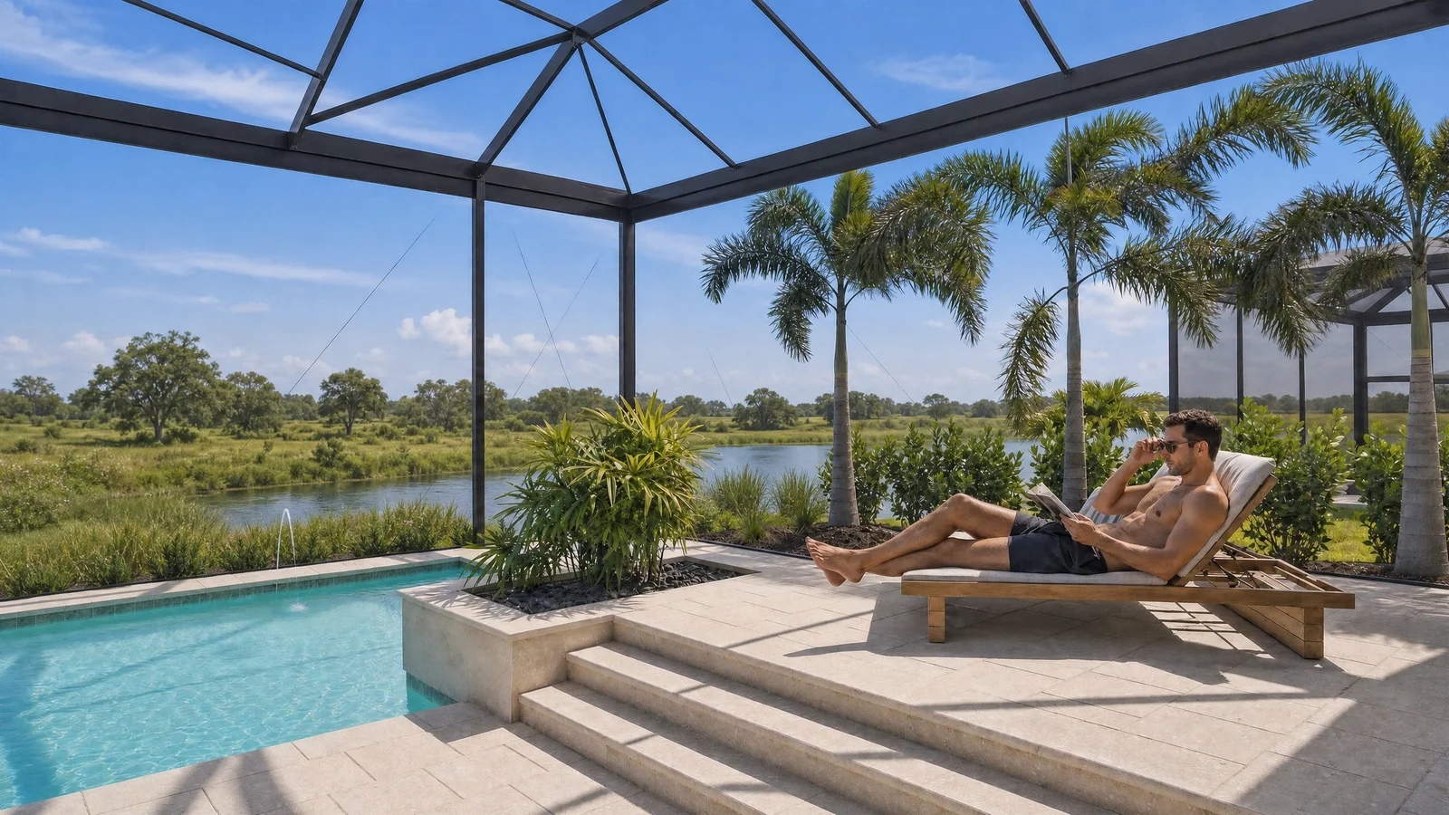 Poolside loungers overlooking the water and palms