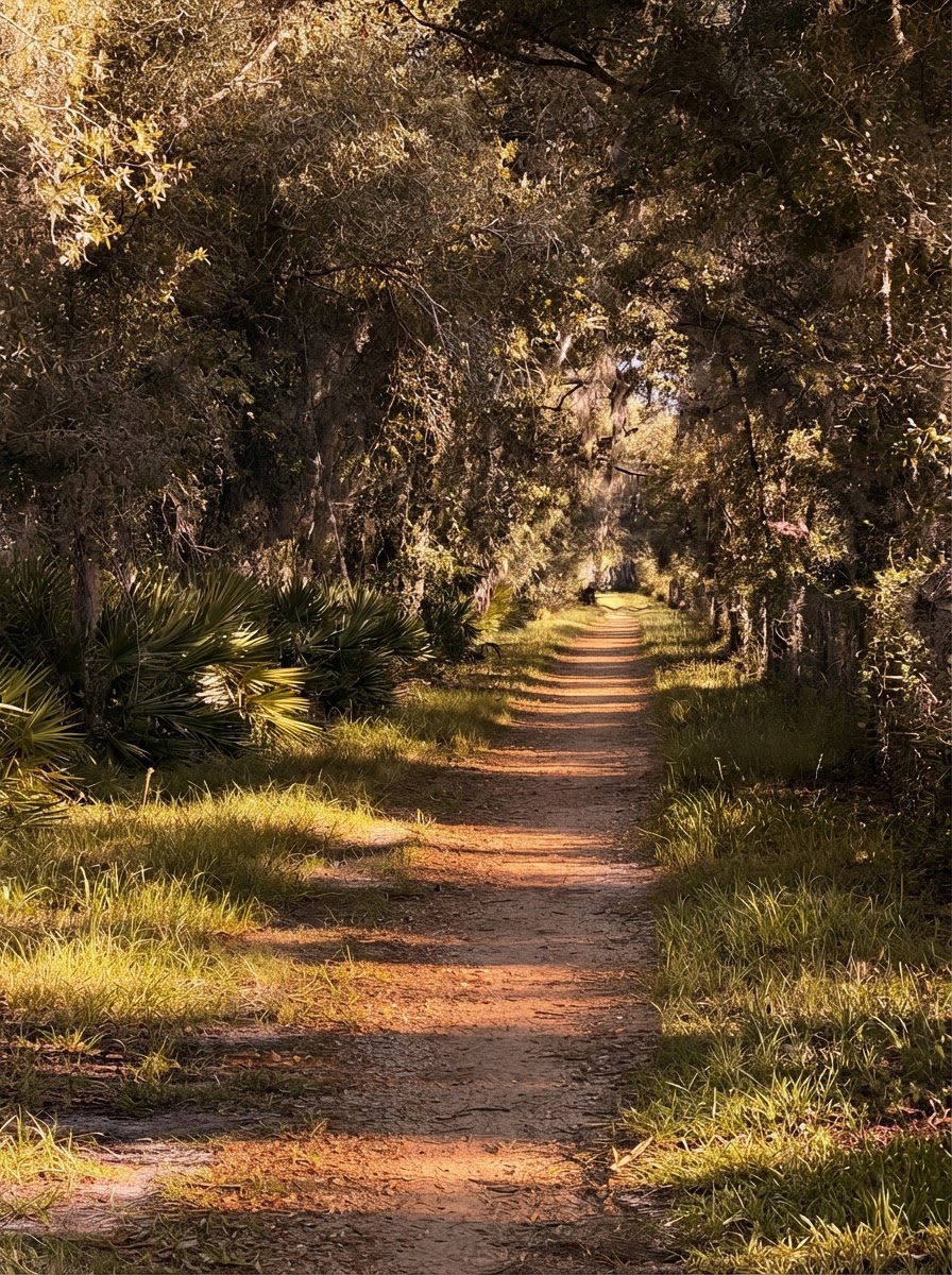 A sunlit trail through the woods at Soleta